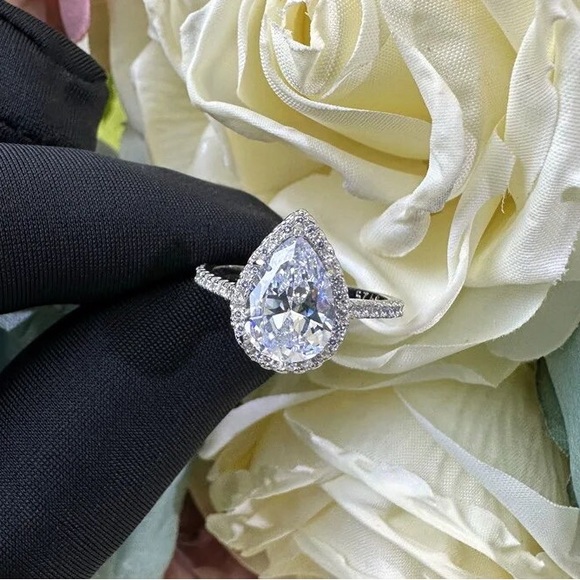 Silver Tear Drop White Diamond Charm Ring - Picture 3 of 4
